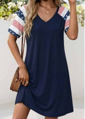 Navy Flag Print Short Tummy Coverage V Neck Dress