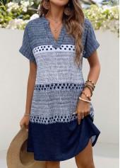 Blue Geometric Print Short Patch Pocket Split Neck Dress