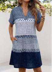 Blue Geometric Print Short Patch Pocket Split Neck Dress | thumb picture 