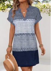 Blue Geometric Print Short Patch Pocket Split Neck Dress | thumb picture 