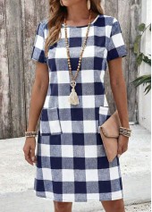 Navy Plaid Short Double Side Pockets Round Neck Dress