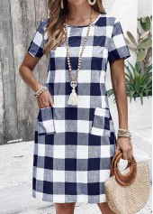 Navy Plaid Short Double Side Pockets Round Neck Dress | thumb picture 