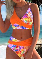 Orange Mid Waisted Surplice Floral Print Bikini Set | thumb picture 