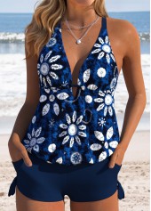 Navy Mid Waisted Drawstring Tie Dye Print Tankini Set