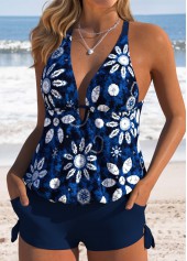 Navy Mid Waisted Drawstring Tie Dye Print Tankini Set | thumb picture 