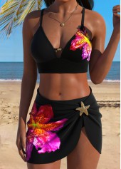 Black Mid Waisted Three-piece Tropical Plants Print Bikini Set | thumb picture 