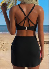 Black Mid Waisted Three-piece Tropical Plants Print Bikini Set | thumb picture 