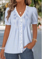 Dusty Blue Striped Frill Short Sleeve T Shirt