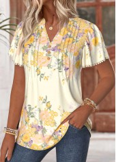 Light Yellow Floral Print Tuck Stitch T Shirt | thumb picture 