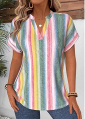 Multi Color Striped Curved Hem Short Sleeve Blouse