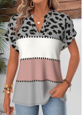 Multi Color Leopard Short Sleeve Split Neck T Shirt