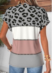 Multi Color Leopard Short Sleeve Split Neck T Shirt | thumb picture 