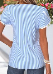 Blue Striped Patchwork Short Sleeve Split Neck T Shirt | thumb picture 