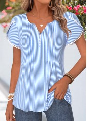 Blue Striped Patchwork Short Sleeve Split Neck T Shirt | thumb picture 