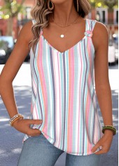 Multi Color Striped Tie Sleeveless V Neck Tank Top