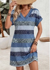 Blue Striped Short Tummy Coverage V Neck Dress