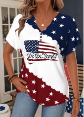 Navy American Flag Print Split Short Sleeve T Shirt