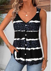 Black Leopard Curved Hem Sleeveless V Neck Tank Top