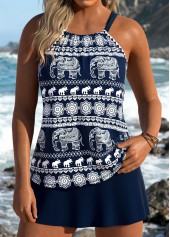 Navy Mid Waisted Tummy Coverage Tribal Print Tankini Set