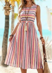 Multi Color Striped Shirred Sleeveless Round Neck Dress