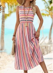 Multi Color Striped Shirred Sleeveless Round Neck Dress | thumb picture 