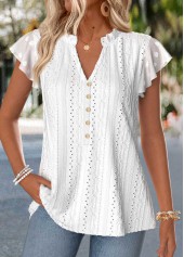 Raw White Tummy Coverage Short Sleeve Split Neck Blouse