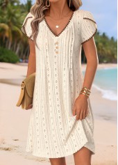 Beige Short Tuck Stitch V Neck Dress