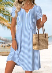 Blue Striped Short Tummy Coverage Split Neck Dress