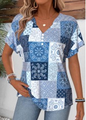 Blue Tribal Print Tummy Coverage Short Sleeve T Shirt