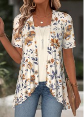 Beige Floral Print Short Sleeve Fake Two Piece Twinset