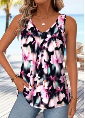 Multi Color Floral Print Shirred Sleeveless Tank Top