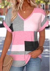 Pink Geometric Print Tummy Coverage Short Sleeve T Shirt