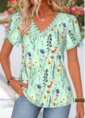 Green Floral Print Tummy Coverage Short Sleeve T Shirt