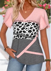 Pink Geometric Print Tummy Coverage Short Sleeve T Shirt
