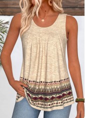 Light Camel Tribal Print Curved Hem Sleeveless Tank Top