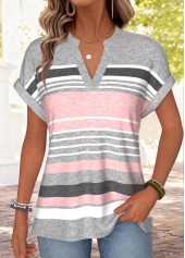 Pink Striped Short Sleeve Split Neck T Shirt