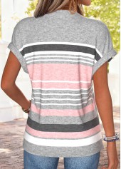 Pink Striped Short Sleeve Split Neck T Shirt | thumb picture 