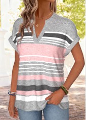 Pink Striped Short Sleeve Split Neck T Shirt | thumb picture 