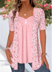 Pink Ditsy Floral Print Fake Two Piece Twinset