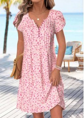 Light Pink Ditsy Floral Print Short Tuck Stitch Dress