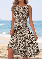 Light Coffee Leopard Shirred Sleeveless Round Neck Dress
