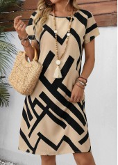 Light Coffee Geometric Print Short Tummy Coverage Dress