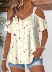 Light Yellow Floral Print Twist Short Sleeve T Shirt | thumb picture 