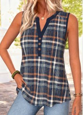 Navy Plaid Curved Hem Sleeveless Split Neck Tank Top | thumb picture 