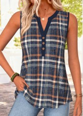 Navy Plaid Curved Hem Sleeveless Split Neck Tank Top