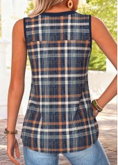 Navy Plaid Curved Hem Sleeveless Split Neck Tank Top | thumb picture 
