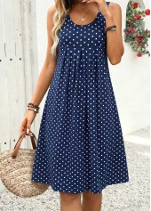 Navy Polka Dot Pleated A Line Sleeveless Dress