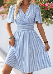 Blue Striped Smocked Short Sleeve V Neck Dress