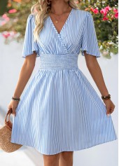 Blue Striped Smocked Short Sleeve V Neck Dress | thumb picture 