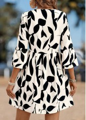 Light Coffee Leaf Print Short Shirred 3/4 Sleeve Dress | thumb picture 